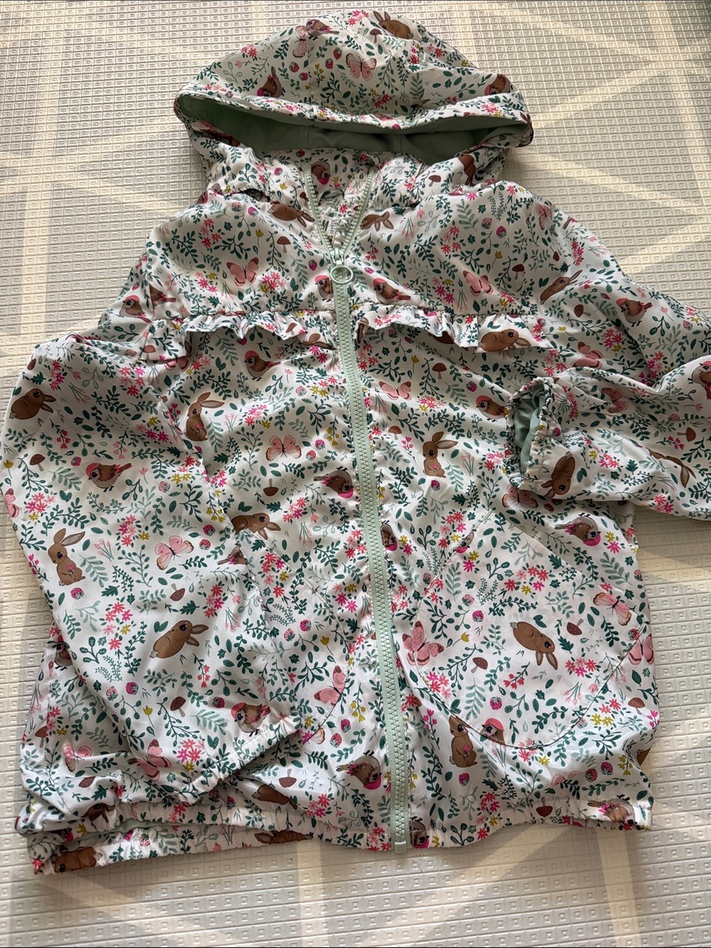 H&M White Floral Bunny Hooded Raincoat with Pink Accents